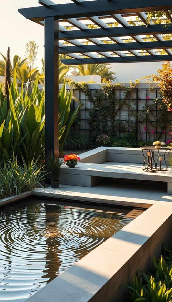 A lush, modern garden oasis with sleek concrete and metal structures. In the foreground, a minimalist water feature with gentle ripples reflects the sunlight. Surrounding it, an abundance of tall, sculptural plants in shades of green, punctuated by vibrant pops of color from seasonal flowers. In the middle ground, a modern pergola casts intricate shadows, its clean lines complementing the angular concrete bench beneath. The background reveals a geometric wall trellis, its climbing vines adding a touch of organic texture to the space. The scene is bathed in warm, golden hour lighting, creating a serene and sophisticated atmosphere.