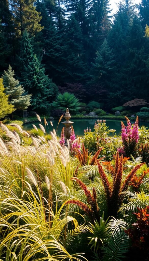 A lush, multilayered evergreen garden in soft, diffused morning light. In the foreground, a riot of textural perennials - wispy grasses, unfurling ferns, and vibrant blooms. Behind them, a backdrop of dense, verdant conifers - towering pines, graceful cedars, and delicate Japanese maples. Sunlight filters through the canopy, casting dappled shadows on the ground below. In the middle distance, a tranquil reflecting pool mirrors the scene, adding depth and serenity. The overall mood is one of natural harmony, where diverse elements coexist in a serene, balanced composition. A lush, multilayered evergreen garden in soft, diffused morning light. In the foreground, a riot of textural perennials - wispy grasses, unfurling ferns, and vibrant blooms. Behind them, a backdrop of dense, verdant conifers - towering pines, graceful cedars, and delicate Japanese maples. Sunlight filters through the canopy, casting dappled shadows on the ground below. In the middle distance, a tranquil reflecting pool mirrors the scene, adding depth and serenity. The overall mood is one of natural harmony, where diverse elements coexist in a serene, balanced composition.