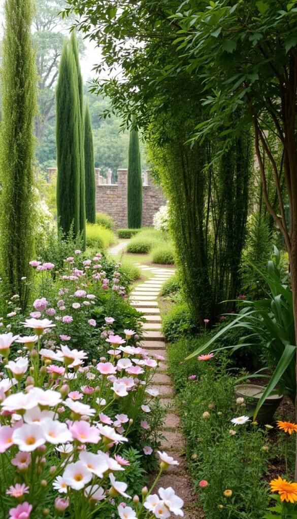 A lush, narrow garden with carefully selected plants and trees. In the foreground, an array of vibrant blooms in soft pastel hues - delicate perennials, trailing vines, and fragrant herbs. In the middle ground, slender, columnar trees provide height and structure, their dappled shadows casting a warm glow. The background is framed by a low stone wall, with glimpses of a tranquil path winding through the serene composition. Soft, diffused lighting enhances the sense of depth and atmosphere, creating a harmonious, inviting scene that inspires contemplation and delight.