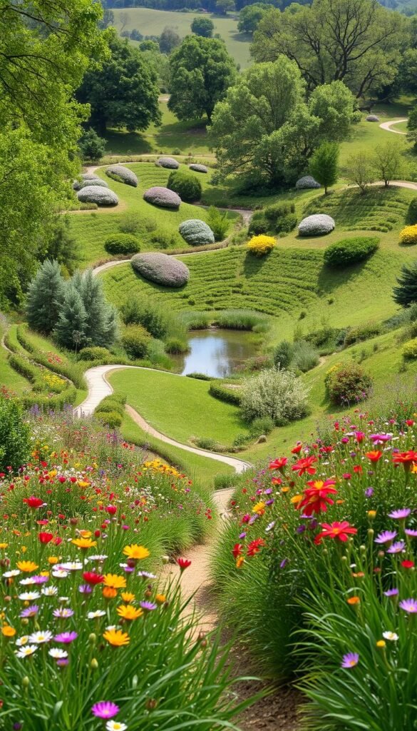 A lush, natural garden landscape with undulating contours and gentle slopes. In the foreground, a winding path meanders through a tapestry of vibrant wildflowers, their petals swaying in a soft breeze. The middle ground reveals a serene pond, its surface reflecting the dappled sunlight that filters through the canopy of verdant trees. In the background, rolling hills dotted with clusters of blooming shrubs and towering oaks create a sense of depth and mystery. The overall scene exudes a tranquil, earthy atmosphere, inviting the viewer to explore the beauty of this unique, irregularly shaped garden space.