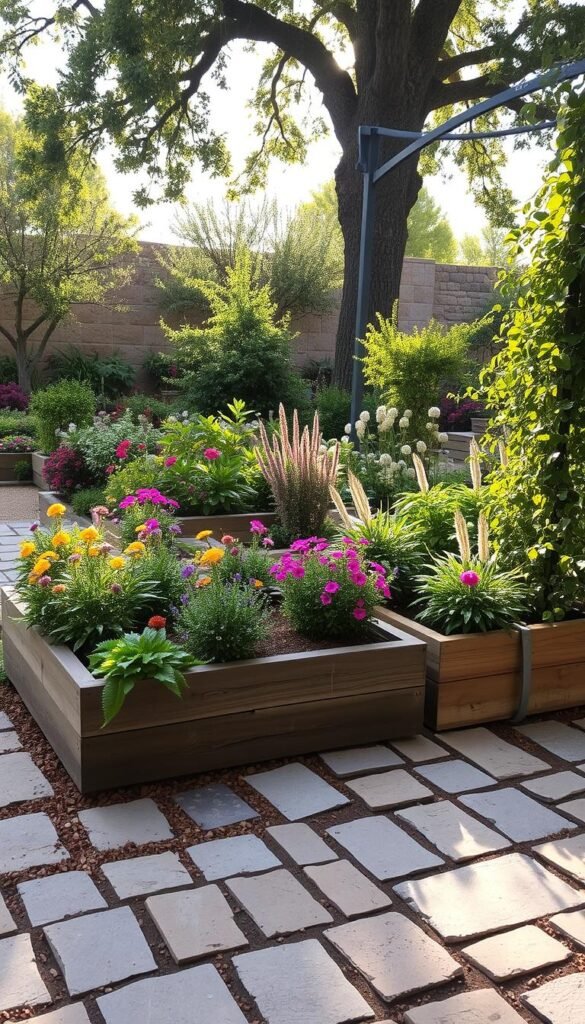 A lush, naturalistic garden scene showcasing a harmonious blend of durable hardscape materials and vibrant, resilient plants. In the foreground, rough-hewn stone pavers, weathered wood planters, and sturdy metal trellises create a grounded, earthy foundation. Mid-frame, a mix of perennial flowers, verdant shrubs, and trailing vines add pops of color and texture, framed by the warm glow of natural sunlight filtering through. In the background, mature trees and a backdrop of stone or stucco walls evoke a sense of permanence and timelessness. The overall composition conveys a balance of strength and softness, inviting exploration and interaction with the well-crafted, long-lasting elements of the garden design.