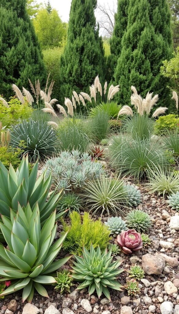 A lush, naturalistic garden scene showcasing a variety of low-maintenance, hardy plants. In the foreground, a selection of succulents and drought-tolerant perennials like agave, yucca, and sedum thrive in a well-drained, rocky soil. In the middle ground, clusters of ornamental grasses sway gently in a soft, natural light. Towering in the background, a stand of resilient, evergreen shrubs and small trees, their textured foliage complementing the earthy palette. The entire composition exudes a sense of resilience and easy care, perfect for inclusive outdoor spaces. A lush, naturalistic garden scene showcasing a variety of low-maintenance, hardy plants. In the foreground, a selection of succulents and drought-tolerant perennials like agave, yucca, and sedum thrive in a well-drained, rocky soil. In the middle ground, clusters of ornamental grasses sway gently in a soft, natural light. Towering in the background, a stand of resilient, evergreen shrubs and small trees, their textured foliage complementing the earthy palette. The entire composition exudes a sense of resilience and easy care, perfect for inclusive outdoor spaces.