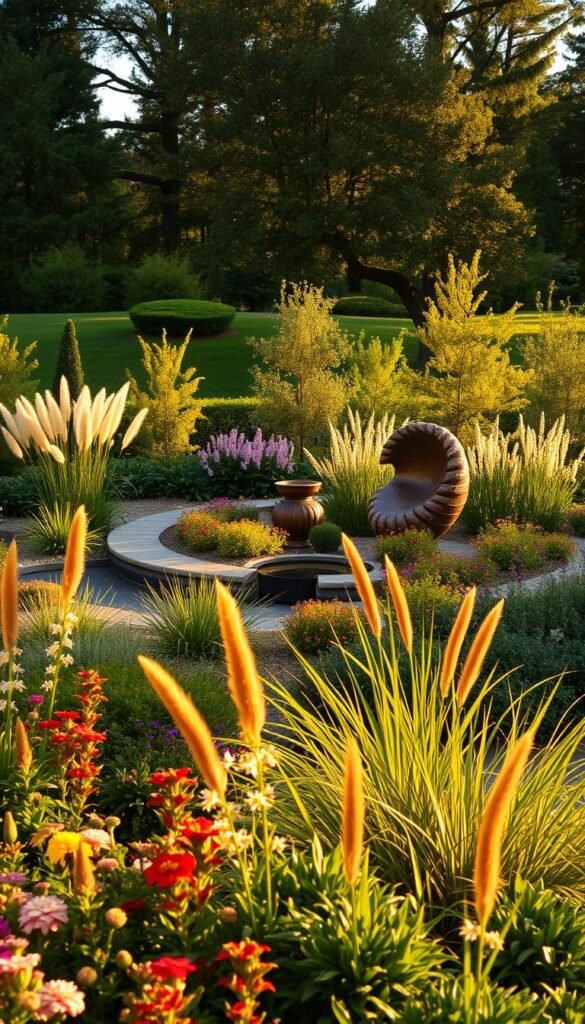 A lush, naturalistic garden with a prominent focal point, showcasing a beautifully crafted sculpture or water feature. The scene is bathed in warm, golden afternoon light, casting soft shadows and highlighting the texture of the surrounding plantings. The foreground features a mix of flowering perennials and ornamental grasses, drawing the eye towards the centerpiece. The middle ground includes a carefully curated arrangement of shrubs and small trees, creating a sense of depth and balance. In the background, a backdrop of mature trees frames the scene, providing a natural and serene setting. The overall composition is designed to evoke a sense of tranquility and contemplation, inviting the viewer to pause and appreciate the thoughtful design elements. A lush, naturalistic garden with a prominent focal point, showcasing a beautifully crafted sculpture or water feature. The scene is bathed in warm, golden afternoon light, casting soft shadows and highlighting the texture of the surrounding plantings. The foreground features a mix of flowering perennials and ornamental grasses, drawing the eye towards the centerpiece. The middle ground includes a carefully curated arrangement of shrubs and small trees, creating a sense of depth and balance. In the background, a backdrop of mature trees frames the scene, providing a natural and serene setting. The overall composition is designed to evoke a sense of tranquility and contemplation, inviting the viewer to pause and appreciate the thoughtful design elements.