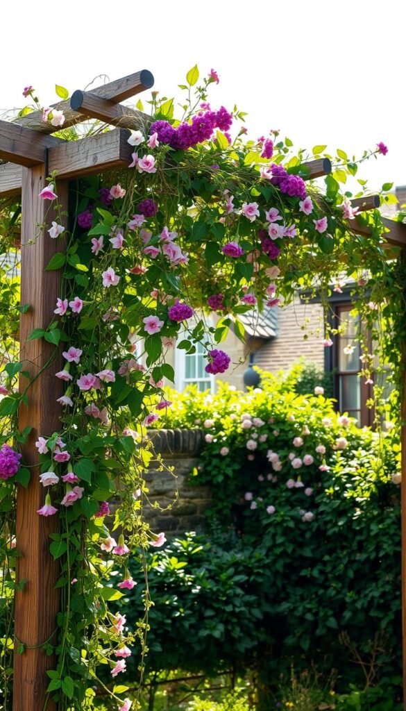 A lush, overgrown garden structure, draped in a cascading tangle of verdant vines and flowering climbers. The foreground features a rustic wooden arbor or trellis, its weathered beams intertwined with delicate tendrils and vibrant blossoms in shades of pink, purple, and white. In the middle ground, the climbing plants spill over the structure, creating a natural, romantic canopy. The background is a hazy, sun-dappled scene, with glimpses of a picturesque cottage or stone wall peeking through the verdant foliage. The lighting is soft and diffused, casting a warm, inviting glow over the entire composition. Captured with a wide-angle lens to showcase the full scope of the charming, rustic display. A lush, overgrown garden structure, draped in a cascading tangle of verdant vines and flowering climbers. The foreground features a rustic wooden arbor or trellis, its weathered beams intertwined with delicate tendrils and vibrant blossoms in shades of pink, purple, and white. In the middle ground, the climbing plants spill over the structure, creating a natural, romantic canopy. The background is a hazy, sun-dappled scene, with glimpses of a picturesque cottage or stone wall peeking through the verdant foliage. The lighting is soft and diffused, casting a warm, inviting glow over the entire composition. Captured with a wide-angle lens to showcase the full scope of the charming, rustic display.