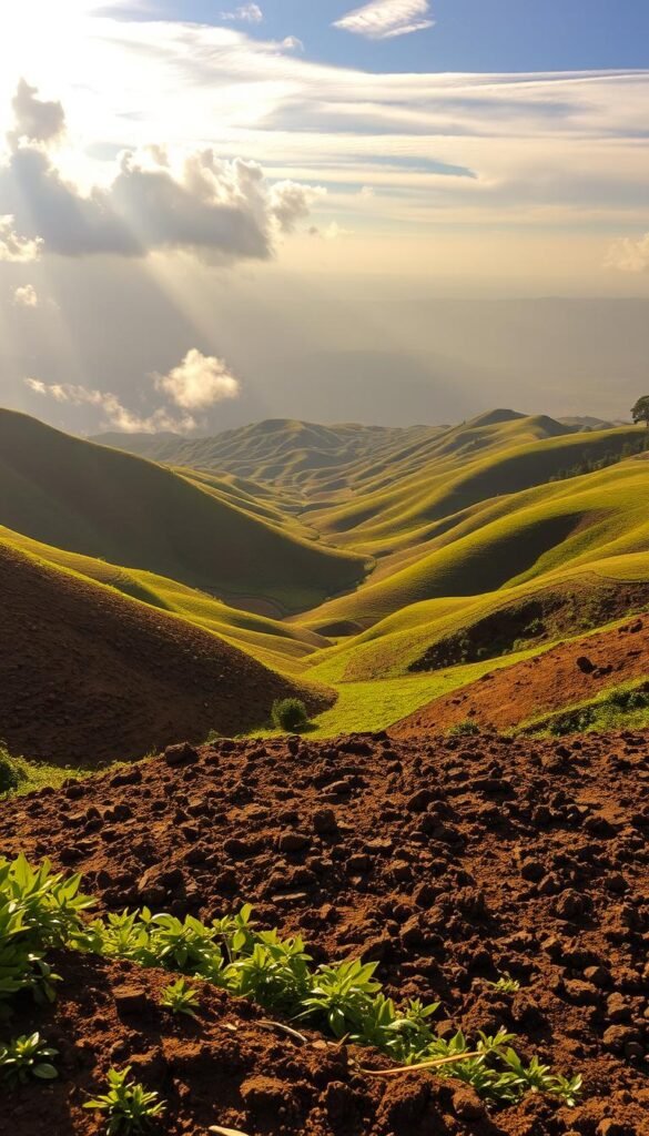 A lush, rolling landscape where soil and topography seamlessly intertwine. In the foreground, a rich, textured soil bed nestled between gently sloping hills, its earthy hues contrasting with the verdant vegetation. Soft, warm lighting filters through wispy clouds, casting a golden glow over the scene. The middle ground reveals a intricate pattern of ridges and depressions, sculpted by the forces of nature over time. In the distance, a horizon line where the land meets the sky, hinting at the vast expanse beyond. The overall atmosphere is one of harmony, where the land's contours and the soil's composition work in tandem to create a visually captivating and contemplative environment.