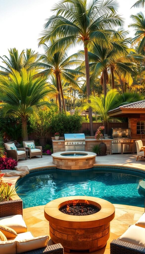 A lush, sun-dappled backyard oasis, with a sparkling in-ground pool surrounded by vibrant, drought-resistant landscaping. In the foreground, a cozy outdoor living area with plush seating and a sleek firepit, inviting relaxation. The middle ground features a well-equipped outdoor kitchen, complete with a grill, prep station, and a shaded dining area. In the background, a verdant, natural backdrop of towering palms and tropical foliage, creating a sense of privacy and tranquility. Warm, golden lighting illuminates the scene, casting a serene, resort-like ambiance. The overall composition exudes a harmonious blend of functionality, aesthetics, and a connection to the natural world.