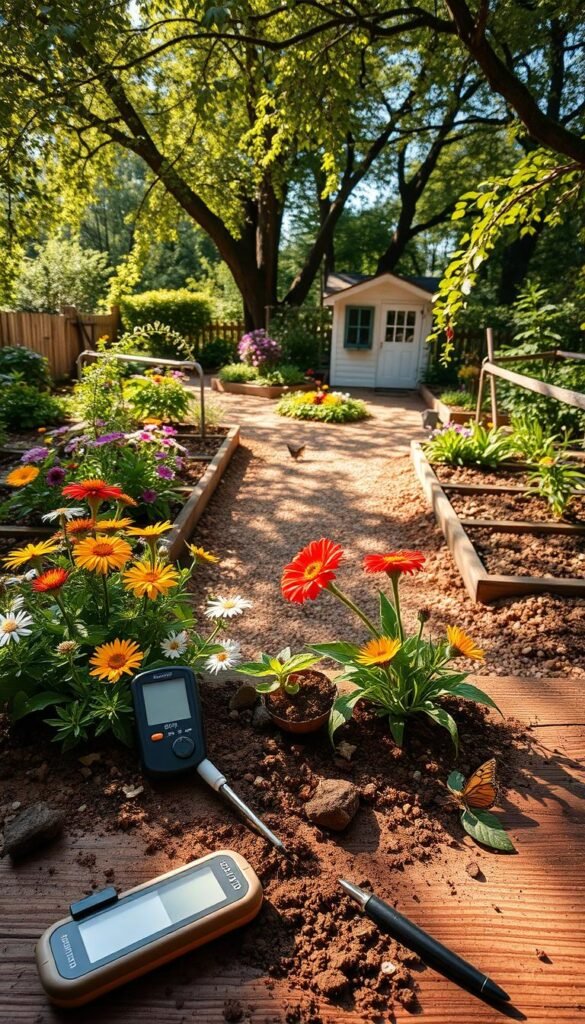 A lush, sun-dappled garden layout with rich, loamy soil. In the foreground, an assortment of soil testing tools - a pH meter, a soil probe, and a magnifying glass - sit atop a wooden table, ready to analyze the earth's composition. Surrounding the table, a variety of native flowers bloom in vibrant hues, attracting a flurry of butterflies and bees. In the middle ground, neatly arranged garden beds frame a winding gravel path, leading the eye towards a charming potting shed in the background. Dappled sunlight filters through the canopy of mature trees, casting a warm, inviting glow over the entire scene. The overall atmosphere is one of thoughtful planning, scientific curiosity, and a harmonious coexistence between humans and the natural world. A lush, sun-dappled garden layout with rich, loamy soil. In the foreground, an assortment of soil testing tools - a pH meter, a soil probe, and a magnifying glass - sit atop a wooden table, ready to analyze the earth's composition. Surrounding the table, a variety of native flowers bloom in vibrant hues, attracting a flurry of butterflies and bees. In the middle ground, neatly arranged garden beds frame a winding gravel path, leading the eye towards a charming potting shed in the background. Dappled sunlight filters through the canopy of mature trees, casting a warm, inviting glow over the entire scene. The overall atmosphere is one of thoughtful planning, scientific curiosity, and a harmonious coexistence between humans and the natural world.