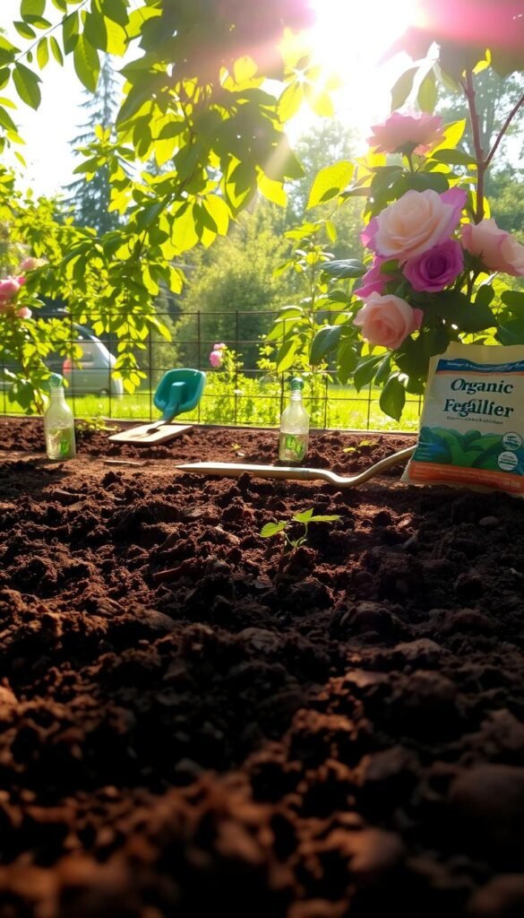 A lush, sun-dappled garden scene, with a focus on the soil preparation for planting roses. In the foreground, a freshly tilled plot of earth, its dark, nutrient-rich soil exposed, ready to nourish the delicate rose roots. Warm rays of sunlight filter through a canopy of verdant foliage, casting a gentle glow across the scene. In the middle ground, a scatter of gardening tools - a trowel, a spade, and a bag of organic fertilizer - indicating the meticulous care and attention required to cultivate the perfect rose bed. The background features a vibrant, blooming rose bush, its fragrant petals a testament to the success of the soil preparation. An atmosphere of tranquility and anticipation pervades the scene, inviting the viewer to imagine the lush, thriving rose garden to come. A lush, sun-dappled garden scene, with a focus on the soil preparation for planting roses. In the foreground, a freshly tilled plot of earth, its dark, nutrient-rich soil exposed, ready to nourish the delicate rose roots. Warm rays of sunlight filter through a canopy of verdant foliage, casting a gentle glow across the scene. In the middle ground, a scatter of gardening tools - a trowel, a spade, and a bag of organic fertilizer - indicating the meticulous care and attention required to cultivate the perfect rose bed. The background features a vibrant, blooming rose bush, its fragrant petals a testament to the success of the soil preparation. An atmosphere of tranquility and anticipation pervades the scene, inviting the viewer to imagine the lush, thriving rose garden to come.