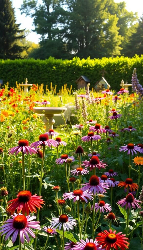A lush, sun-dappled pollinator garden, teeming with vibrant blooms and bustling with life. In the foreground, a bountiful array of native wildflowers - coneflowers, milkweed, and purple coneflowers, their petals gently swaying in the soft breeze. In the middle ground, a birdbath and bee hotel, offering vital resources for winged visitors. In the background, a verdant hedgerow and towering trees, providing shelter and nesting sites. Warm, golden light filters through the foliage, casting a serene, inviting atmosphere. The scene exudes a sense of balance and harmony, a sanctuary where pollinators can thrive and flourish. A lush, sun-dappled pollinator garden, teeming with vibrant blooms and bustling with life. In the foreground, a bountiful array of native wildflowers - coneflowers, milkweed, and purple coneflowers, their petals gently swaying in the soft breeze. In the middle ground, a birdbath and bee hotel, offering vital resources for winged visitors. In the background, a verdant hedgerow and towering trees, providing shelter and nesting sites. Warm, golden light filters through the foliage, casting a serene, inviting atmosphere. The scene exudes a sense of balance and harmony, a sanctuary where pollinators can thrive and flourish.