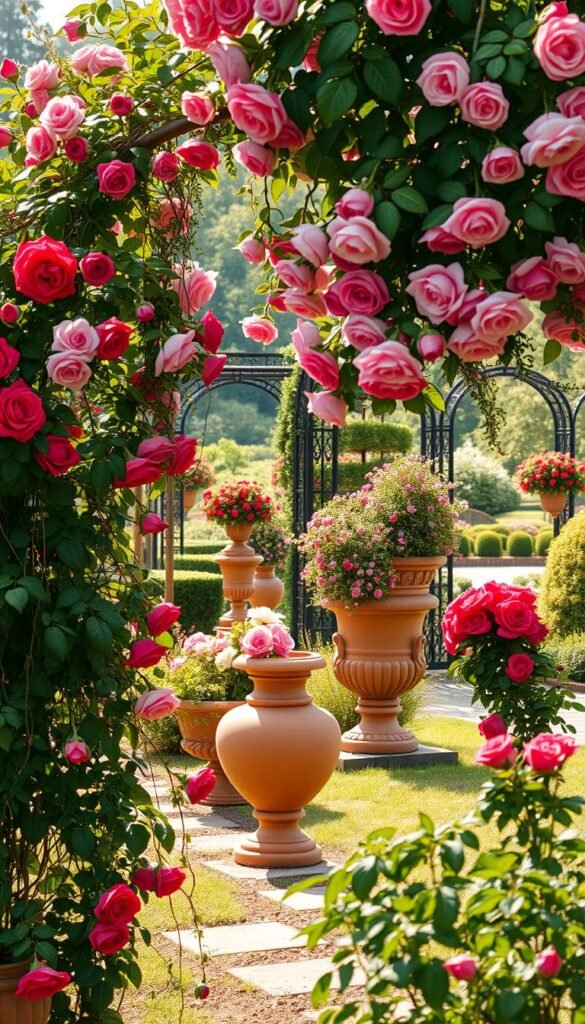 A lush, sun-dappled rose garden with cascading climbing roses spilling over elegant, ornamental containers. In the foreground, vibrant red and pink rose blooms contrast with the verdant foliage, while trailing vines and tendrils create an enchanting, romantic atmosphere. The middle ground features a variety of terracotta pots and urns, some overflowing with cascading roses, others hosting compact, bushy rose plants. The background showcases a picturesque garden setting, with wrought-iron trellises, garden paths, and the dappled light of a warm, golden afternoon. Rendered in a soft, impressionistic style with a shallow depth of field, highlighting the delicate textures and vibrant colors of the roses and their containers. A lush, sun-dappled rose garden with cascading climbing roses spilling over elegant, ornamental containers. In the foreground, vibrant red and pink rose blooms contrast with the verdant foliage, while trailing vines and tendrils create an enchanting, romantic atmosphere. The middle ground features a variety of terracotta pots and urns, some overflowing with cascading roses, others hosting compact, bushy rose plants. The background showcases a picturesque garden setting, with wrought-iron trellises, garden paths, and the dappled light of a warm, golden afternoon. Rendered in a soft, impressionistic style with a shallow depth of field, highlighting the delicate textures and vibrant colors of the roses and their containers.