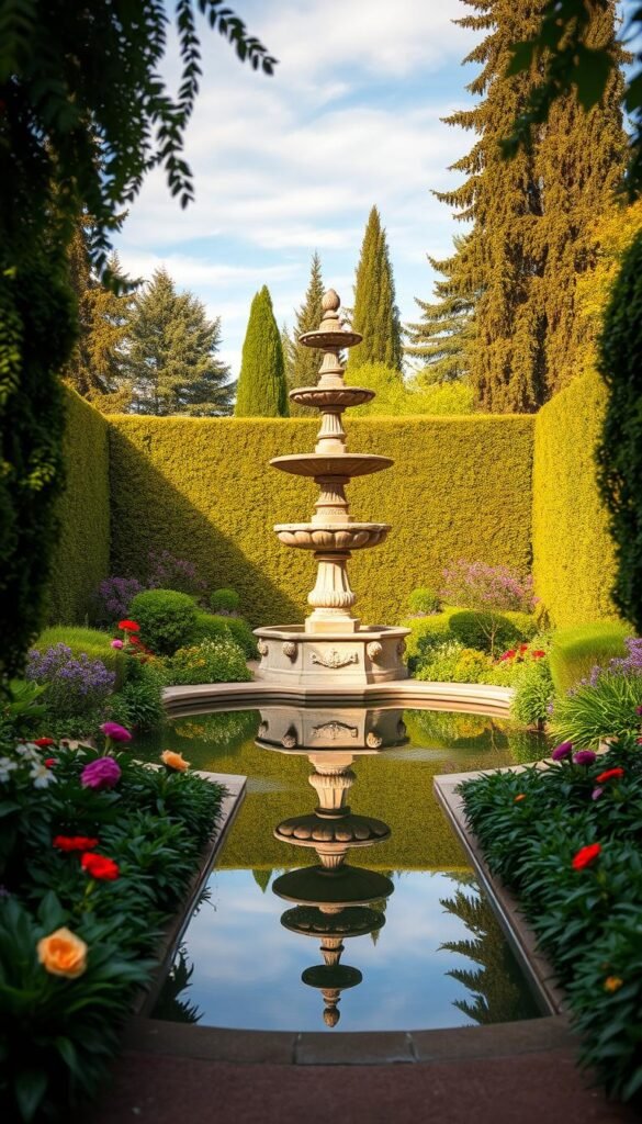 A lush, symmetrical garden focal point with a classic tiered water fountain, surrounded by cascading flowers and lush greenery. The fountain is made of ornate stone, creating a sense of grandeur and timelessness. The middle ground features a serene reflecting pool, reflecting the surrounding foliage and the sky above. In the background, neatly trimmed hedges and tall trees frame the scene, creating a sense of depth and enclosure. The lighting is soft and warm, creating a serene and tranquil atmosphere, inviting the viewer to pause and appreciate the harmonious design.