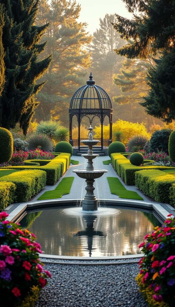 A lush, symmetrical garden with a striking central focal point. In the foreground, a tranquil reflecting pool mirrors a magnificent stone fountain, its cascading waters creating a soothing ambiance. Framing the scene, manicured hedges and flowering shrubs in shades of vibrant green and vivid blooms. The middle ground features a meandering gravel path leading the eye towards the focal point, bathed in warm, diffused sunlight filtering through a canopy of mature trees. In the background, a stately wrought-iron gazebo stands as a elegant architectural accent, enhancing the sense of balance and harmony. The overall mood is one of serene, sophisticated beauty, inviting the viewer to pause and admire the carefully curated garden design.