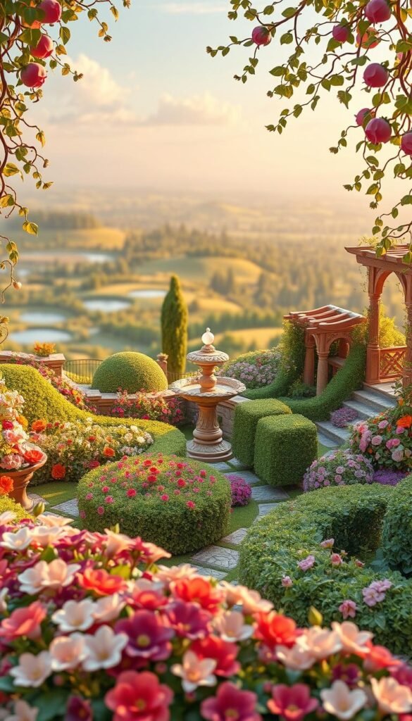 A lush, three-dimensional garden design filled with an array of meticulously crafted elements. In the foreground, a harmonious arrangement of vibrant flowers, delicate vines, and sculptural hedges create a captivating visual tapestry. The middle ground showcases a whimsical mix of ornamental garden structures, such as a stone fountain and a wooden pergola, bathed in warm, golden lighting. In the background, a serene landscape unfolds, with rolling hills, tranquil ponds, and a distant forest canopy, all rendered with a sense of depth and dimensionality. The overall composition radiates a serene, enchanting atmosphere, perfectly capturing the essence of creative garden graphic design.