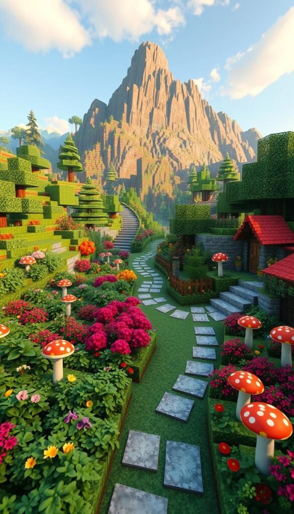 A lush, thriving Minecraft-inspired garden, seamlessly blending the virtual and real worlds. In the foreground, meticulously crafted garden beds overflow with vibrant, blocky foliage and mushrooms, creating a whimsical, pixelated landscape. The middle ground features a path winding through the garden, lined with quaint stone blocks and wooden fences, inviting exploration. In the background, a towering Minecraft-style mountain range rises, casting warm, golden light across the scene. The overall atmosphere is one of tranquility and harmony, where the virtual and the tangible coexist in perfect balance. A lush, thriving Minecraft-inspired garden, seamlessly blending the virtual and real worlds. In the foreground, meticulously crafted garden beds overflow with vibrant, blocky foliage and mushrooms, creating a whimsical, pixelated landscape. The middle ground features a path winding through the garden, lined with quaint stone blocks and wooden fences, inviting exploration. In the background, a towering Minecraft-style mountain range rises, casting warm, golden light across the scene. The overall atmosphere is one of tranquility and harmony, where the virtual and the tangible coexist in perfect balance.