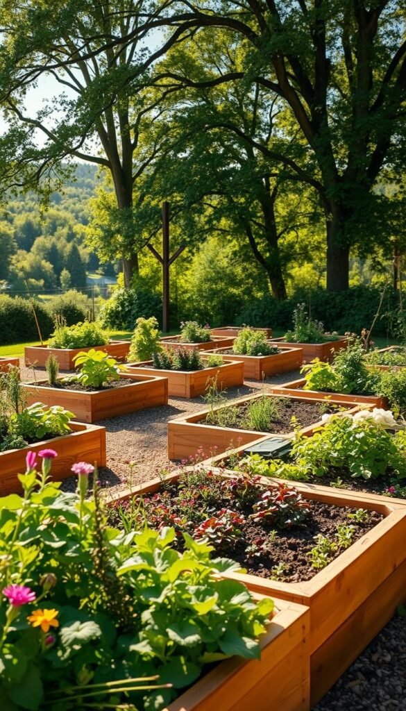A lush, thriving raised bed garden design with wooden planter boxes in the foreground, filled with a vibrant assortment of vegetables, herbs, and flowers. The middle ground showcases an orderly arrangement of additional raised beds, strategically positioned to maximize space and productivity. In the background, a verdant landscape unfolds, with towering trees providing dappled sunlight and a serene atmosphere. The scene is illuminated by warm, natural lighting, casting gentle shadows and highlighting the textures of the soil, plants, and wooden structures. The overall composition conveys a sense of balance, functionality, and a harmonious integration of the garden within its natural surroundings.