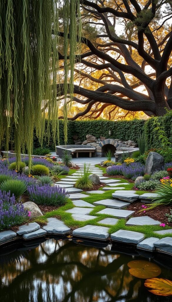 A lush, tranquil outdoor sanctuary designed to promote healing and wellbeing. In the foreground, a serene pond reflects the swaying branches of a weeping willow tree. Meandering stone pathways wind through a vibrant tapestry of native flora, including fragrant lavender, colorful wildflowers, and verdant ferns. The middle ground features a cozy seating area surrounded by a living wall of cascading vines and carefully placed boulders. Warm, diffused sunlight filters through the canopy of mature oak trees in the background, casting a gentle glow and creating a sense of peaceful seclusion. The atmosphere is one of refuge, restoration, and a deep connection to the natural world. A lush, tranquil outdoor sanctuary designed to promote healing and wellbeing. In the foreground, a serene pond reflects the swaying branches of a weeping willow tree. Meandering stone pathways wind through a vibrant tapestry of native flora, including fragrant lavender, colorful wildflowers, and verdant ferns. The middle ground features a cozy seating area surrounded by a living wall of cascading vines and carefully placed boulders. Warm, diffused sunlight filters through the canopy of mature oak trees in the background, casting a gentle glow and creating a sense of peaceful seclusion. The atmosphere is one of refuge, restoration, and a deep connection to the natural world.