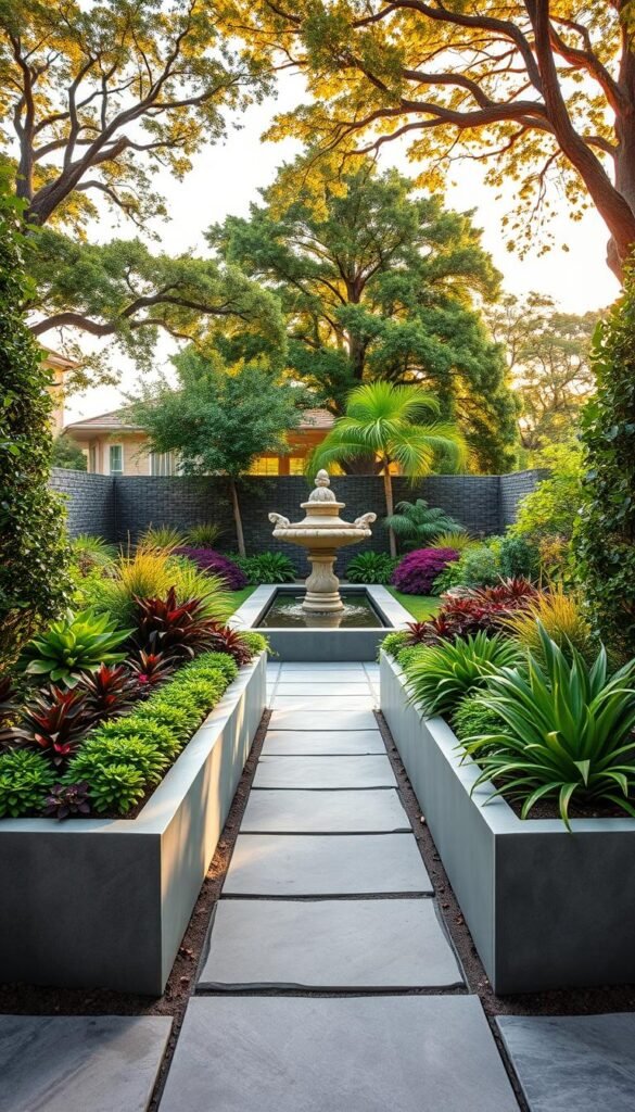 A lush, triangular garden oasis unfolds, its bold, geometric layout transforming a once-ordinary space. In the foreground, sharp-edged planter beds frame a pathway of natural stone, leading the eye deeper into the scene. Vibrant, sculptural foliage in shades of green, purple, and gold cascade over the angled edges, creating a sense of dynamic movement. Midground, a striking water feature reflects the angular geometry, its surface rippling with the gentle flow. In the background, a canopy of mature trees filters warm, golden light, casting dramatic shadows that accentuate the garden's bold, architectural form. This image captures the essence of a remarkable, triangular garden transformation - a harmonious blend of nature and bold, modern design.