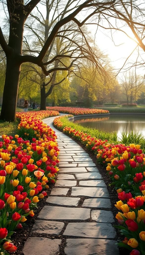 A lush tulip-lined pathway winds through a tranquil garden setting. The vibrant blooms in hues of red, yellow, and pink cascade along the edges, creating a captivating floral tapestry. Soft, diffused sunlight filters through the canopy of trees, casting a warm, golden glow over the scene. The path is made of smooth, weathered stone, inviting visitors to stroll and take in the beauty. In the background, a serene pond reflects the colorful tulips, adding a sense of depth and serenity. The overall composition evokes a feeling of calm, inviting the viewer to immerse themselves in the beauty of this creative tulip garden design.