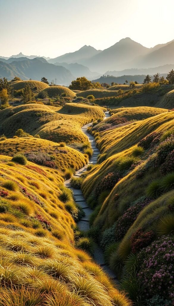 A lush, undulating garden landscape with organic, sculptural topography. In the foreground, rolling hills and gentle valleys covered in a tapestry of vibrant, textured foliage - grasses, shrubs, and flowering plants in a harmonious palette. The middle ground features a meandering path that winds through the contoured terrain, inviting exploration. In the background, a majestic mountain range rises, its peaks and ridges silhouetted against a warm, golden sky. Dramatic shadows and highlights accentuate the depth and dimensionality of the scene, creating a sense of awe and wonder. The overall atmosphere is one of tranquility and a deep connection to the natural world.