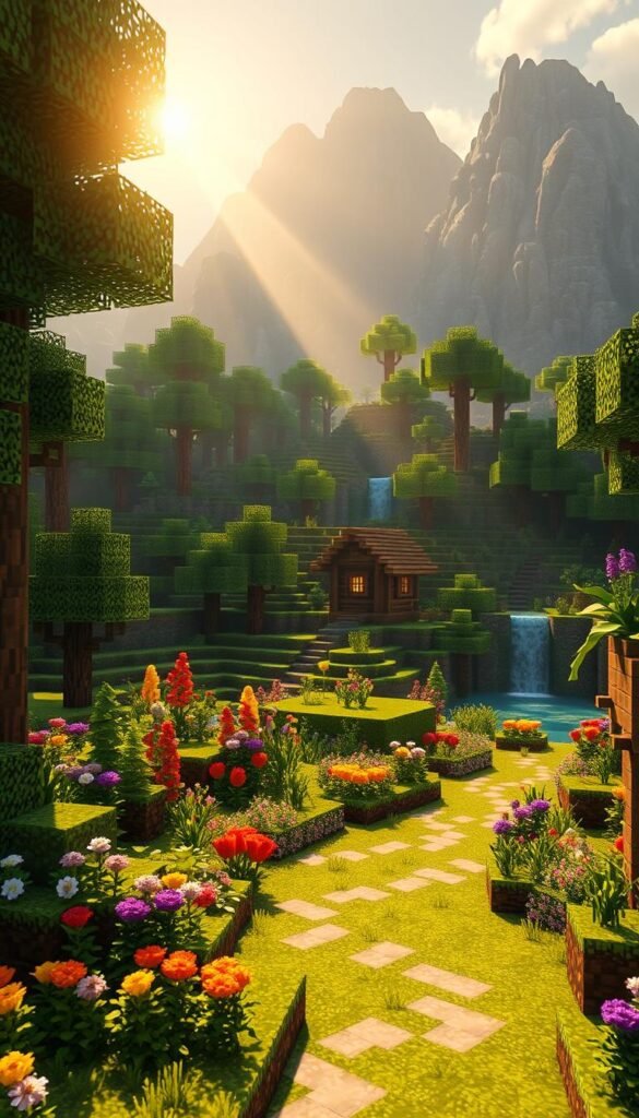A lush, verdant Minecraft digital garden set against a backdrop of towering mountains. In the foreground, a winding path leads through a vibrant array of blocky flora - colorful flowers, towering trees, and neatly manicured hedges. Sunlight filters through the canopy, casting a warm, golden glow over the scene. In the middle ground, a rustic wooden cabin nestles amidst the greenery, its windows aglow with the soft light of lanterns. Tucked into the hillside, a waterfall cascades into a tranquil pond, its surface reflecting the surrounding environment. The overall atmosphere evokes a sense of peaceful, pastoral serenity, inviting the viewer to explore and immerse themselves in this meticulously crafted digital oasis.
