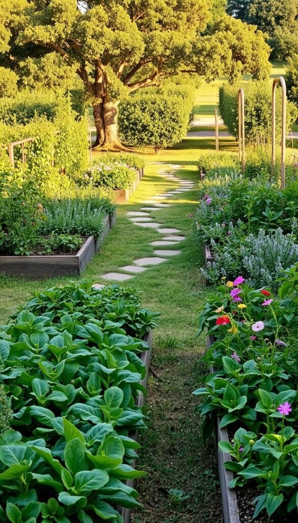 A lush, verdant edible landscape stretches before the viewer, showcasing the bountiful benefits of integrating food production into the design. In the foreground, neatly arranged raised garden beds brim with thriving vegetables, herbs, and edible flowers, their vibrant colors and textures creating a visually striking composition. The middle ground features a meandering path leading through a mix of low-growing ground covers and trailing vines, inviting exploration and interaction. In the background, a well-established orchard of fruit trees casts dappled shadows, adding depth and a sense of abundance. The scene is illuminated by warm, golden sunlight, conveying a mood of tranquility and harmony between the natural and cultivated elements. A lush, verdant edible landscape stretches before the viewer, showcasing the bountiful benefits of integrating food production into the design. In the foreground, neatly arranged raised garden beds brim with thriving vegetables, herbs, and edible flowers, their vibrant colors and textures creating a visually striking composition. The middle ground features a meandering path leading through a mix of low-growing ground covers and trailing vines, inviting exploration and interaction. In the background, a well-established orchard of fruit trees casts dappled shadows, adding depth and a sense of abundance. The scene is illuminated by warm, golden sunlight, conveying a mood of tranquility and harmony between the natural and cultivated elements.