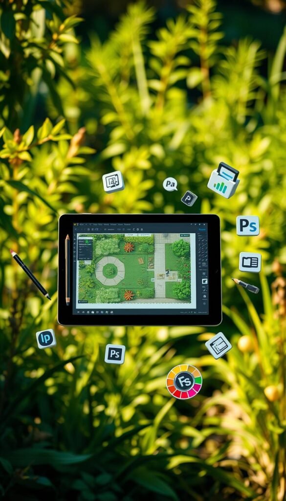 A lush, verdant garden backdrop with an array of digital design tools floating in the foreground. In the center, a sleek tablet displaying a garden layout, surrounded by a stylus, color palette, and various icons representing graphic design software. Warm, natural lighting illuminates the scene, casting gentle shadows. The overall mood is one of creativity, technology, and the harmonious integration of digital and organic elements in garden design.