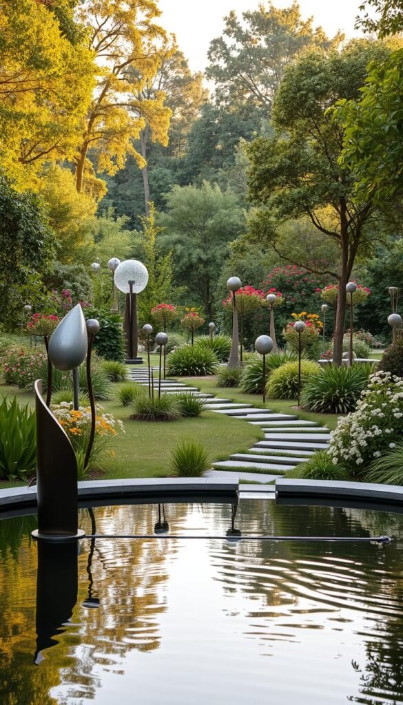 A lush, verdant garden filled with carefully curated art installations that enhance the natural beauty of the surroundings. In the foreground, a serene water feature with a modern sculpture casting mesmerizing reflections. Meandering pathways lead the eye through the middle ground, where abstract metal sculptures and delicate glass pieces are strategically placed to create a harmonious dialogue with the vibrant flora. The background features a backdrop of towering trees and blooming flowers, bathed in warm, diffused lighting that casts a soft, inviting glow over the entire scene. The overall atmosphere is one of tranquility and thoughtful integration, inviting the viewer to explore and discover the unique art-infused garden design.