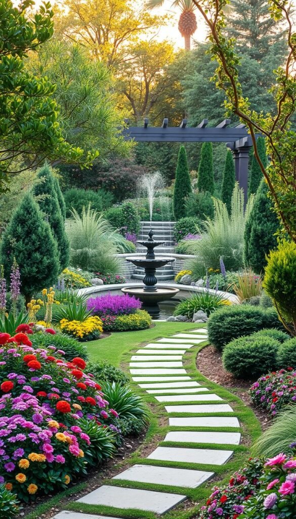 A lush, verdant garden oasis with a harmonious blend of meticulously manicured landscaping elements. In the foreground, a well-designed path winds through a vibrant floral display, leading the eye towards a serene water feature where a tranquil fountain gently cascades. The middle ground showcases a variety of strategically placed trees, shrubs, and ornamental plants, creating a sense of depth and visual interest. In the background, a beautifully constructed pergola frames the scene, casting warm, golden sunlight that filters through the delicate foliage. The overall composition exudes a sense of balance, creativity, and a harmonious integration of nature and design, perfectly capturing the essence of reimagining one's yard through creative outdoor design garden techniques.