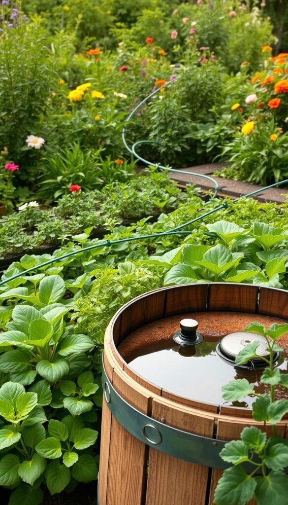 A lush, verdant garden oasis with a sustainable watering system. In the foreground, a hand-crafted rain barrel collects rainwater, its wooden slats and metal hardware gleaming in the soft, natural light. Surrounding it, a variety of thriving vegetables and herbs, their leaves glistening with moisture, arranged in neat rows. In the middle ground, a series of drip irrigation lines snakes through the garden beds, efficiently delivering water to the roots of the plants. The background is filled with a flourishing, diverse array of flowering plants and shrubs, creating a harmonious, eco-friendly landscape. The overall scene conveys a sense of balance, sustainability, and a deep connection to the natural world. A lush, verdant garden oasis with a sustainable watering system. In the foreground, a hand-crafted rain barrel collects rainwater, its wooden slats and metal hardware gleaming in the soft, natural light. Surrounding it, a variety of thriving vegetables and herbs, their leaves glistening with moisture, arranged in neat rows. In the middle ground, a series of drip irrigation lines snakes through the garden beds, efficiently delivering water to the roots of the plants. The background is filled with a flourishing, diverse array of flowering plants and shrubs, creating a harmonious, eco-friendly landscape. The overall scene conveys a sense of balance, sustainability, and a deep connection to the natural world.