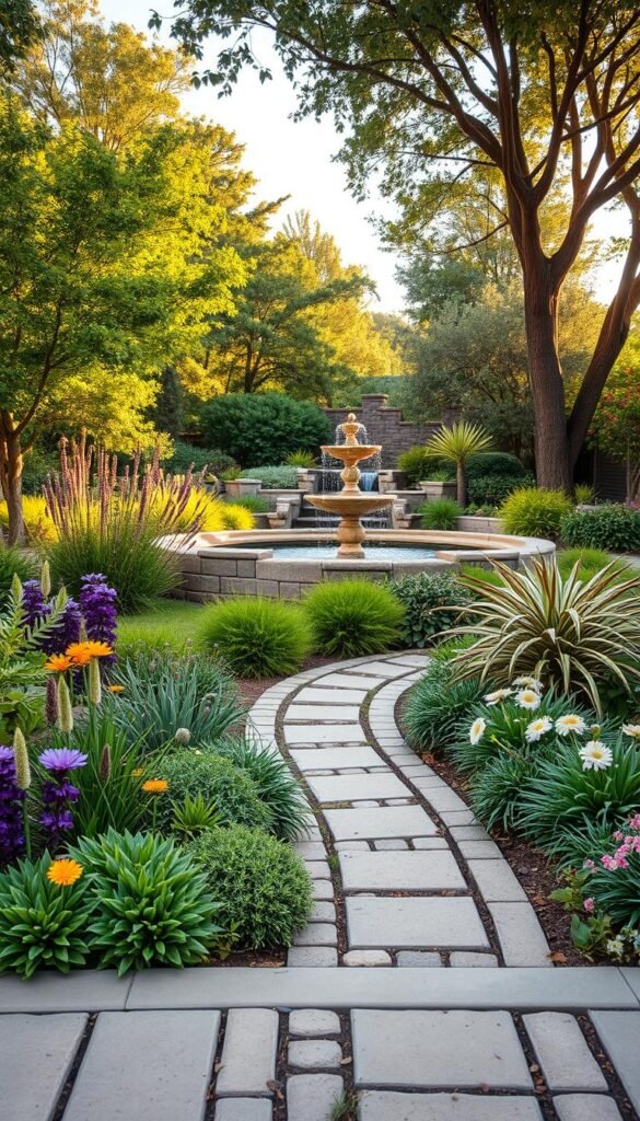 A lush, verdant garden oasis with expertly curated sustainable landscaping techniques. In the foreground, a vibrant array of native flora, including drought-resistant perennials and shrubs, arranged in a captivating pattern. The middle ground features strategically placed permeable pavers, allowing rainwater to seep into the soil. In the background, a serene water feature, its tranquil flow powered by renewable energy, surrounded by a diverse canopy of trees providing ample shade. The scene is bathed in warm, natural lighting, creating a harmonious and inviting atmosphere. The overall composition showcases the perfect balance of form, function, and environmental sustainability.