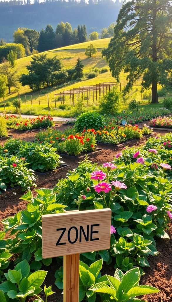 A lush, verdant garden plot with carefully arranged USDA zone-appropriate plants, their leaves and blooms bursting with vibrant colors. In the foreground, a wooden garden sign displaying the zone number. Mid-ground, neatly arranged vegetable beds and flowering annuals, their shapes and textures complementing each other. In the background, a gently sloping hill dotted with mature trees, casting soft, natural shadows across the scene. Warm, golden sunlight filters through, illuminating the rich, fertile soil. A sense of tranquility and careful planning pervades the idyllic setting, inviting the viewer to envision their own thriving, year-round garden.
