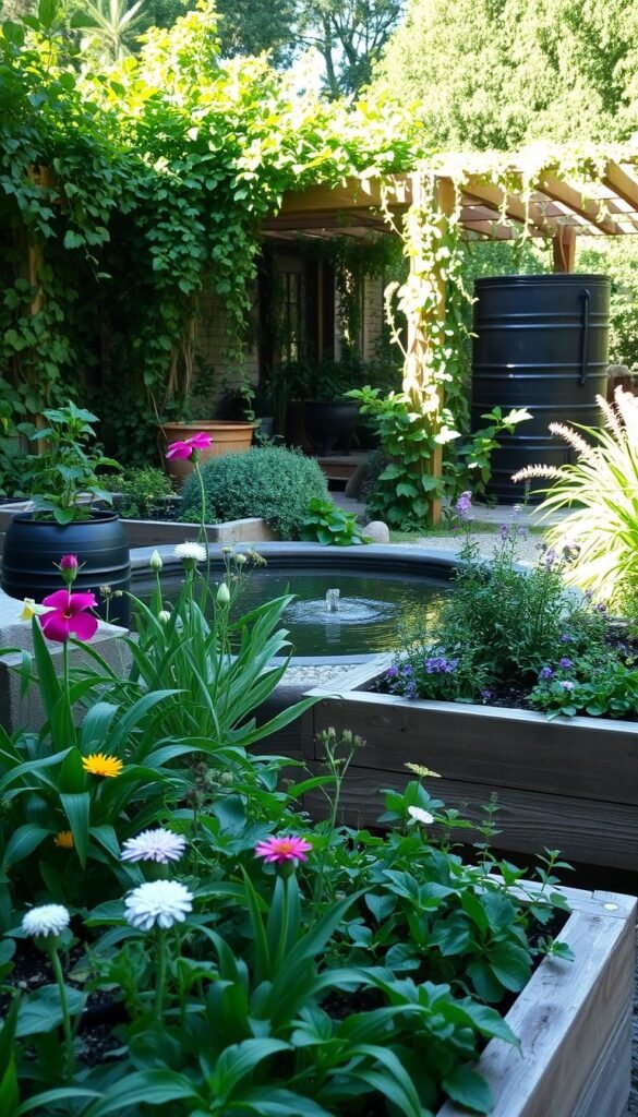 A lush, verdant garden scene with a focus on sustainable design elements. In the foreground, a carefully curated arrangement of native flowering plants and herbs thrives in raised garden beds made from reclaimed wood. The middle ground features a small water feature, perhaps a tranquil pond or a serene fountain, surrounded by strategically placed rain barrels to capture and reuse rainwater. In the background, a visually appealing pergola or trellis structure supports trailing vines and climbing plants, providing shade and creating a sense of enclosure. The lighting is soft and natural, with the sun's rays filtering through the greenery. The overall atmosphere conveys a harmonious balance between human-made elements and the beauty of nature, embodying the principles of eco-friendly and sustainable outdoor living.