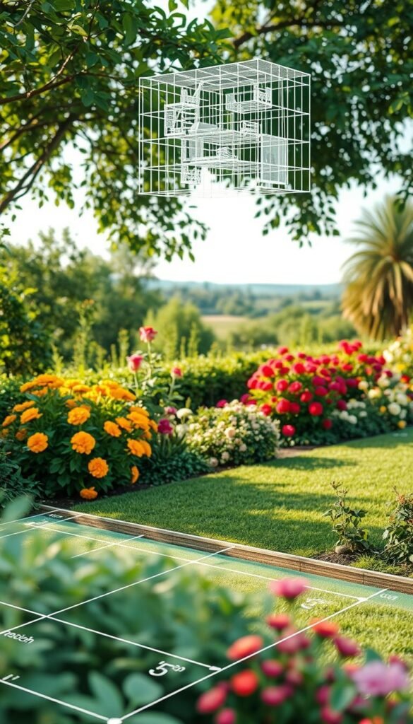 A lush, verdant garden scene with a meticulously detailed analysis of the outdoor space. In the foreground, a series of overlaid geometric shapes and measurements convey the spatial dimensions, while a wireframe model hovers ethereally, providing a technical overview. The middle ground showcases vibrant, flowering plants and shrubbery, their shapes and colors mapped out in a color-coded scheme. In the background, a softly lit horizon reveals the broader landscape, offering a sense of scale and context. Crisp, high-resolution photography with a shallow depth of field, highlighting the interplay between the analytical and the natural elements.