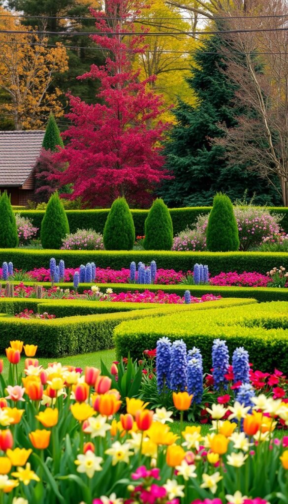A lush, verdant garden scene with distinct seasonal plant layers. In the foreground, vibrant blooms of tulips, daffodils, and hyacinths dot the landscape, creating a cheerful and vibrant display. In the middle ground, rows of neatly trimmed boxwood hedges and flowering shrubs like azaleas and rhododendrons add depth and structure. The background features a mix of evergreen trees and deciduous foliage, their changing colors reflecting the transition of the seasons. Warm, diffused lighting filters through the canopy, casting a soft, natural glow over the entire scene. The composition is balanced and visually harmonious, inviting the viewer to immerse themselves in the dynamic layers of this carefully curated seasonal garden design. A lush, verdant garden scene with distinct seasonal plant layers. In the foreground, vibrant blooms of tulips, daffodils, and hyacinths dot the landscape, creating a cheerful and vibrant display. In the middle ground, rows of neatly trimmed boxwood hedges and flowering shrubs like azaleas and rhododendrons add depth and structure. The background features a mix of evergreen trees and deciduous foliage, their changing colors reflecting the transition of the seasons. Warm, diffused lighting filters through the canopy, casting a soft, natural glow over the entire scene. The composition is balanced and visually harmonious, inviting the viewer to immerse themselves in the dynamic layers of this carefully curated seasonal garden design.