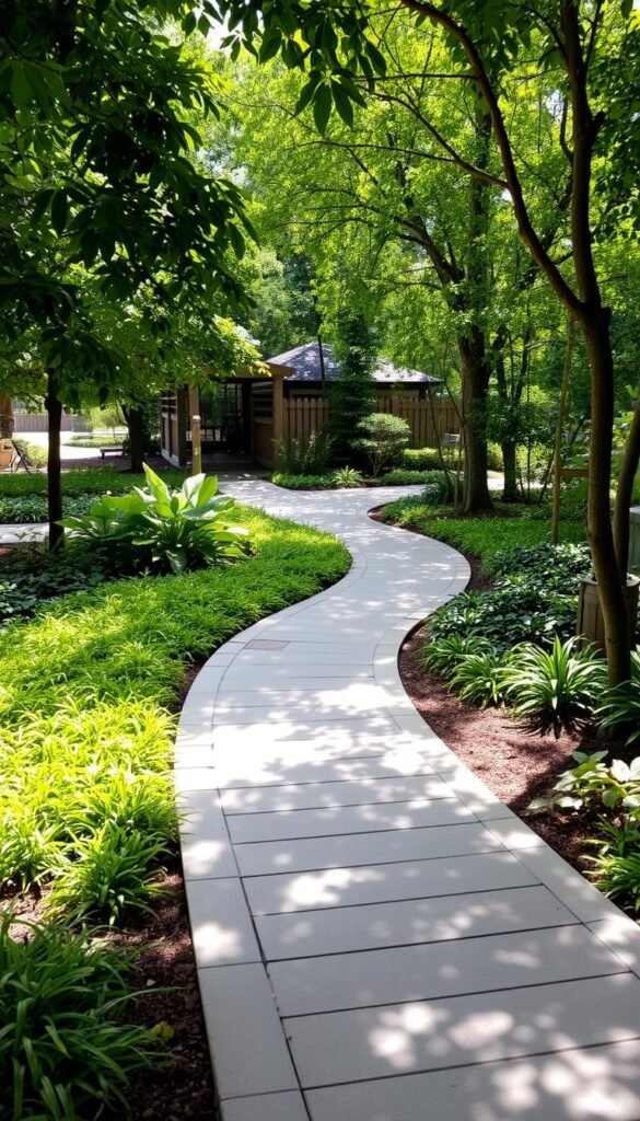 A lush, verdant garden setting with a well-designed, accessible pathway winding through it. The pathway is constructed from smooth, light-colored stone pavers, providing a stable, even surface for easy navigation. Gently curved edges guide visitors along the path, which is flanked by vibrant, low-growing plants and soft, textured groundcover. Dappled sunlight filters through the overhead canopy of trees, casting a warm, natural glow across the scene. The layout is thoughtfully planned, with ample space for wheelchair users or those with mobility aids to comfortably traverse the area. An atmosphere of tranquility and inclusivity pervades the inviting outdoor space. A lush, verdant garden setting with a well-designed, accessible pathway winding through it. The pathway is constructed from smooth, light-colored stone pavers, providing a stable, even surface for easy navigation. Gently curved edges guide visitors along the path, which is flanked by vibrant, low-growing plants and soft, textured groundcover. Dappled sunlight filters through the overhead canopy of trees, casting a warm, natural glow across the scene. The layout is thoughtfully planned, with ample space for wheelchair users or those with mobility aids to comfortably traverse the area. An atmosphere of tranquility and inclusivity pervades the inviting outdoor space.