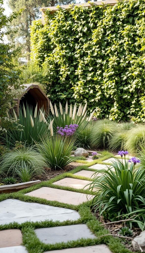 A lush, verdant garden showcasing a harmonious blend of sustainable landscaping materials. In the foreground, natural stone pavers and weathered wood accents create a serene path, inviting exploration. The middle ground features a mix of low-maintenance, drought-resistant plants - native grasses, succulents, and flowering perennials that sway gently in a soft, natural light. In the background, a living green wall, densely covered in cascading vines, adds a touch of organic elegance. The scene conveys a sense of balance, where modern design and eco-friendly practices converge to create a visually stunning and environmentally responsible outdoor space.