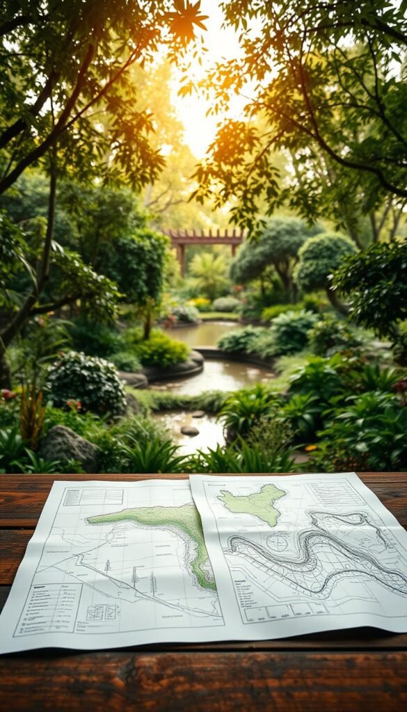 A lush, verdant garden site spread out before the viewer, with a detailed analysis of the landscape's features. In the foreground, neatly sketched diagrams and topographic maps lie atop a weathered wooden table, conveying the intricacies of the land. The middle ground reveals a diverse array of thriving plants and trees, each contributing to the site's natural harmony. In the background, a tranquil pond reflects the surrounding foliage, creating a serene and contemplative atmosphere. Warm, diffused sunlight filters through the canopy, illuminating the scene with a golden glow. The overall composition captures the essence of carefully mapping and understanding a garden site to foster a sustainable, eco-friendly design.