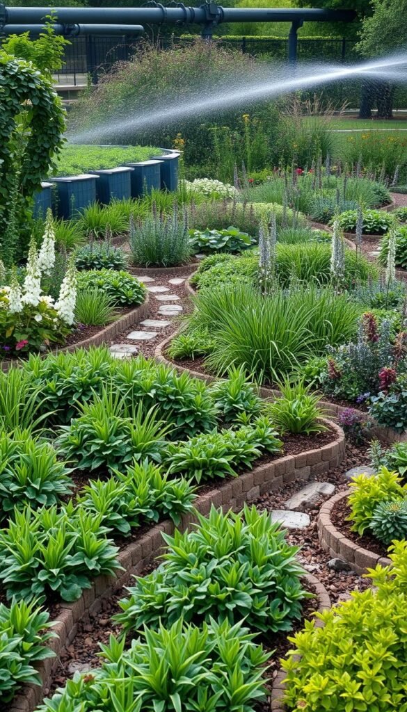 A lush, verdant garden with a focus on smart water management techniques. In the foreground, an intricate network of swales, rain gardens, and bioswales capture and distribute rainwater efficiently. Mid-ground features drought-resistant native plants, adapted to the local climate, arranged in a harmonious, visually appealing layout. The background showcases a well-designed irrigation system, with strategically placed sprinklers and drip lines delivering water precisely where needed. Soft, diffused lighting illuminates the scene, creating a serene and inviting atmosphere. The overall composition emphasizes the integration of sustainable practices and aesthetics, showcasing a resilient, eco-friendly garden design.