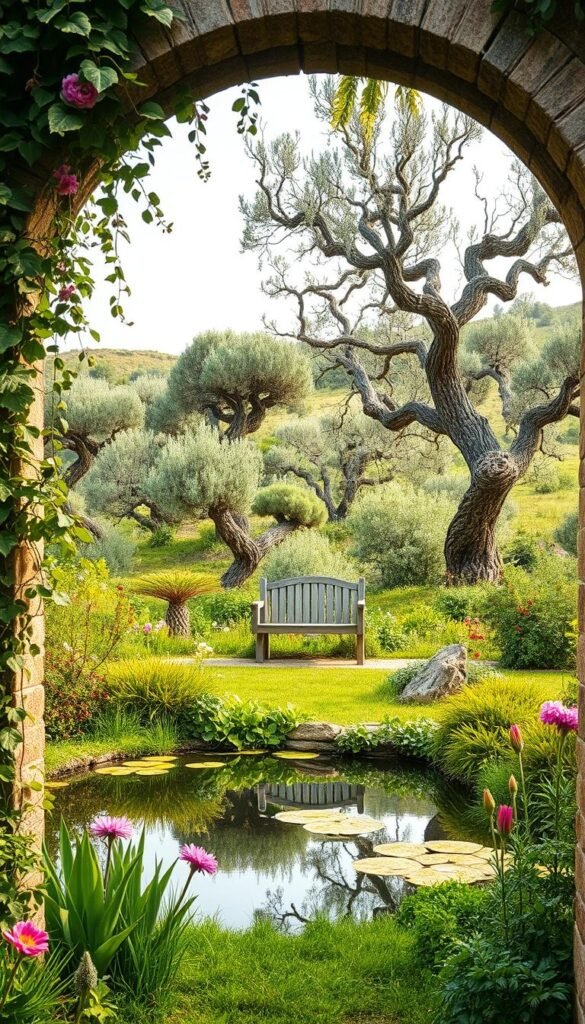 A lush, verdant garden with natural architectural focal points. In the foreground, a graceful stone archway dripping with cascading vines and flowers. Through the arch, a tranquil pond reflects the sky and surrounding greenery. In the middle ground, a weathered stone bench nestled amidst a profusion of blooming perennials and ferns. The background features a gently sloping hill dotted with ancient, twisted olive trees, their gnarled trunks and branches creating a captivating interplay of light and shadow. Soft, diffused natural lighting filters through the canopy, casting a warm, romantic glow over the entire scene. A sense of timeless serenity and harmony pervades the composition.