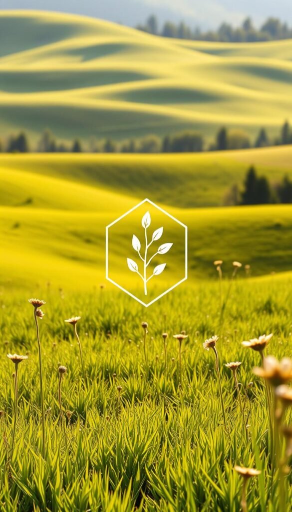 A lush, verdant landscape with a central focal point of a graceful, hand-drawn logo design. The logo features a delicate botanical motif, perhaps a sprig of leaves or a floral pattern, elegantly composed within a minimalist geometric shape. The background is a serene, sun-dappled meadow, with soft rolling hills and a hint of distant forests. The lighting is warm and natural, casting gentle shadows and highlighting the textures of the landscape. The overall mood is one of tranquility, creativity, and inspiration, capturing the essence of leading design trends in the gardening and landscaping industry.