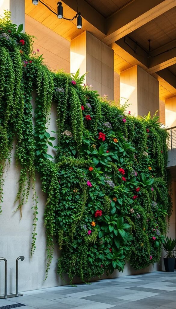 A lush, verdant living wall cascades down a modern, minimalist concrete structure, bathed in warm, natural lighting. The intricate tapestry of flourishing plants, including trailing vines, colorful blooms, and verdant foliage, creates a captivating, three-dimensional display. The wall appears to seamlessly integrate with the surrounding environment, blurring the boundaries between indoor and outdoor spaces. The composition emphasizes the harmonious fusion of architecture and nature, showcasing an innovative and sustainable approach to vertical garden design. The image evokes a sense of tranquility, inviting the viewer to immerse themselves in this oasis of greenery within an urban setting. A lush, verdant living wall cascades down a modern, minimalist concrete structure, bathed in warm, natural lighting. The intricate tapestry of flourishing plants, including trailing vines, colorful blooms, and verdant foliage, creates a captivating, three-dimensional display. The wall appears to seamlessly integrate with the surrounding environment, blurring the boundaries between indoor and outdoor spaces. The composition emphasizes the harmonious fusion of architecture and nature, showcasing an innovative and sustainable approach to vertical garden design. The image evokes a sense of tranquility, inviting the viewer to immerse themselves in this oasis of greenery within an urban setting.