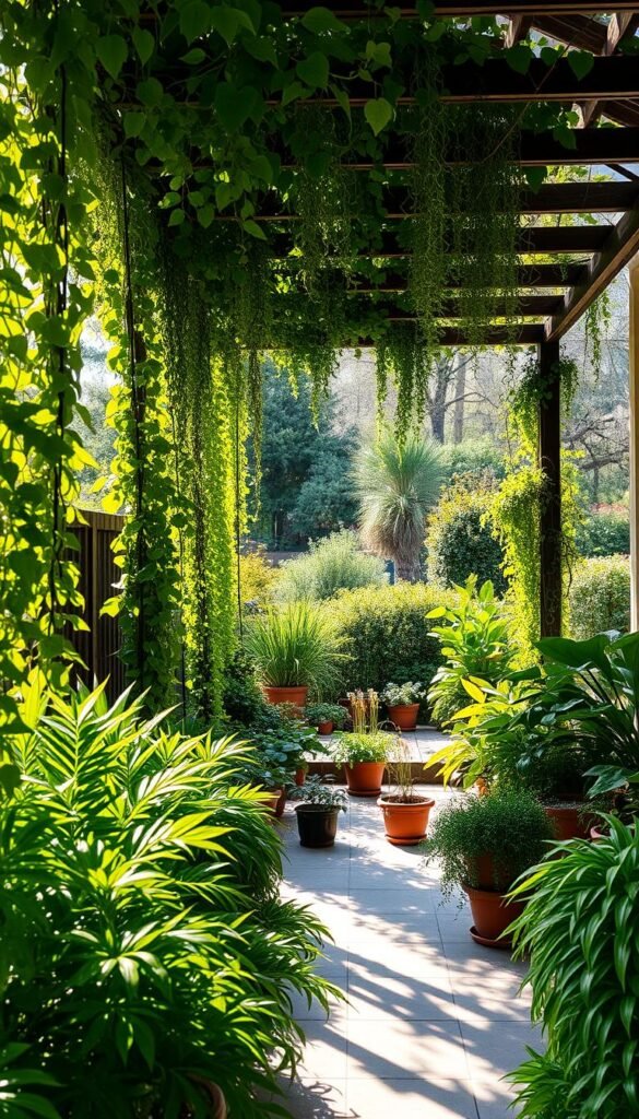 A lush, verdant patio filled with cascading vertical gardens. Sunlight filters through leafy fronds, casting a warm, dappled glow across the scene. In the foreground, rows of vibrant potted plants line the edges, their trailing vines spilling over the sides. Tall, slender trellises support thriving ivy and climbing vines, creating a verdant, living wall that frames the space. The middle ground features a mix of potted herbs, succulents, and flowering plants, strategically arranged to form a harmonious, natural composition. In the background, the patio is surrounded by a blend of mature trees and shrubs, further enhancing the sense of a secluded, tranquil oasis. The overall atmosphere is one of serenity, inviting the viewer to pause, breathe, and connect with the abundance of life and greenery. A lush, verdant patio filled with cascading vertical gardens. Sunlight filters through leafy fronds, casting a warm, dappled glow across the scene. In the foreground, rows of vibrant potted plants line the edges, their trailing vines spilling over the sides. Tall, slender trellises support thriving ivy and climbing vines, creating a verdant, living wall that frames the space. The middle ground features a mix of potted herbs, succulents, and flowering plants, strategically arranged to form a harmonious, natural composition. In the background, the patio is surrounded by a blend of mature trees and shrubs, further enhancing the sense of a secluded, tranquil oasis. The overall atmosphere is one of serenity, inviting the viewer to pause, breathe, and connect with the abundance of life and greenery.