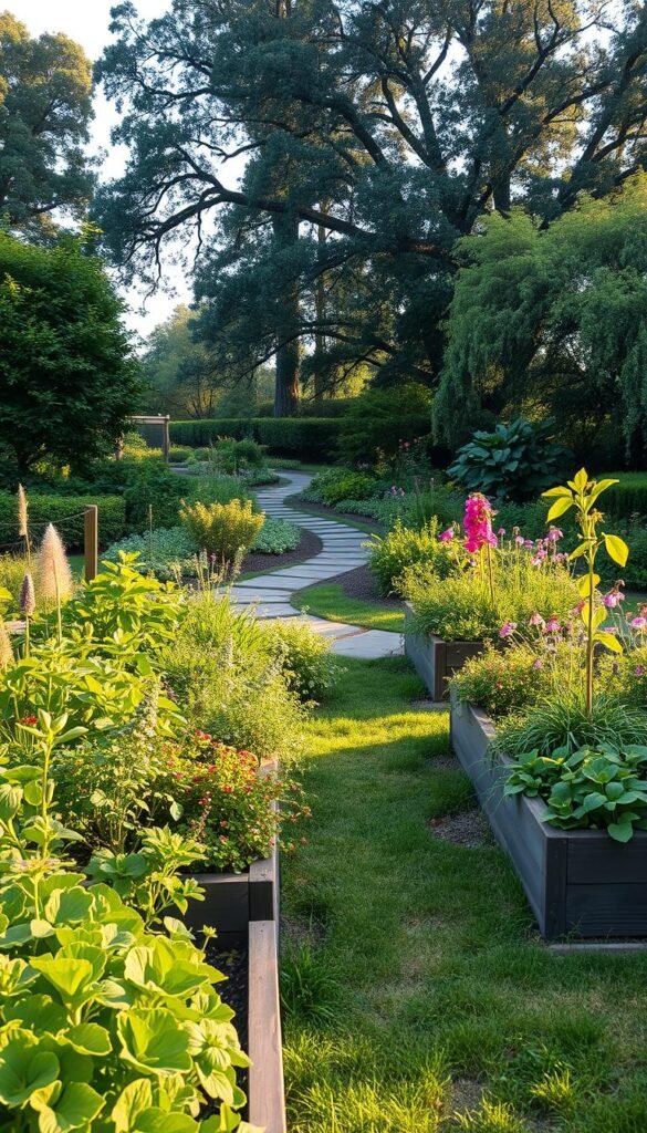 A lush, verdant regenerative garden design, featuring a vibrant tapestry of native flora. In the foreground, raised garden beds brimming with thriving herbs, vegetables, and pollinator-friendly flowers. A winding stone path meanders through the middle ground, flanked by flourishing shrubs and small fruit trees. In the background, a diverse canopy of mature trees casts gentle dappled light, creating a serene and restorative atmosphere. The scene exudes a sense of harmony and balance, showcasing principles of permaculture and sustainable landscape design. Warm, golden-hour lighting accentuates the organic textures and rich green hues, evoking a feeling of natural abundance and environmental stewardship.