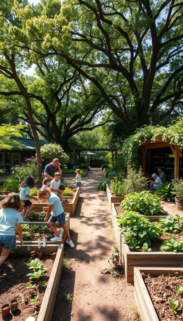 A lush, verdant school garden filled with diverse educational activities. In the foreground, students tend to raised garden beds, planting seeds and tending to growing vegetables. A central pathway meanders through the space, inviting exploration. In the middle ground, a covered outdoor classroom with benches and potting stations encourages hands-on learning. Towering trees and flowering shrubs create a serene, natural backdrop, dappled sunlight filtering through the canopy. The atmosphere is one of discovery, curiosity, and a deep connection to the cycles of nature. Captured with a wide-angle lens to showcase the integrated curriculum garden design.