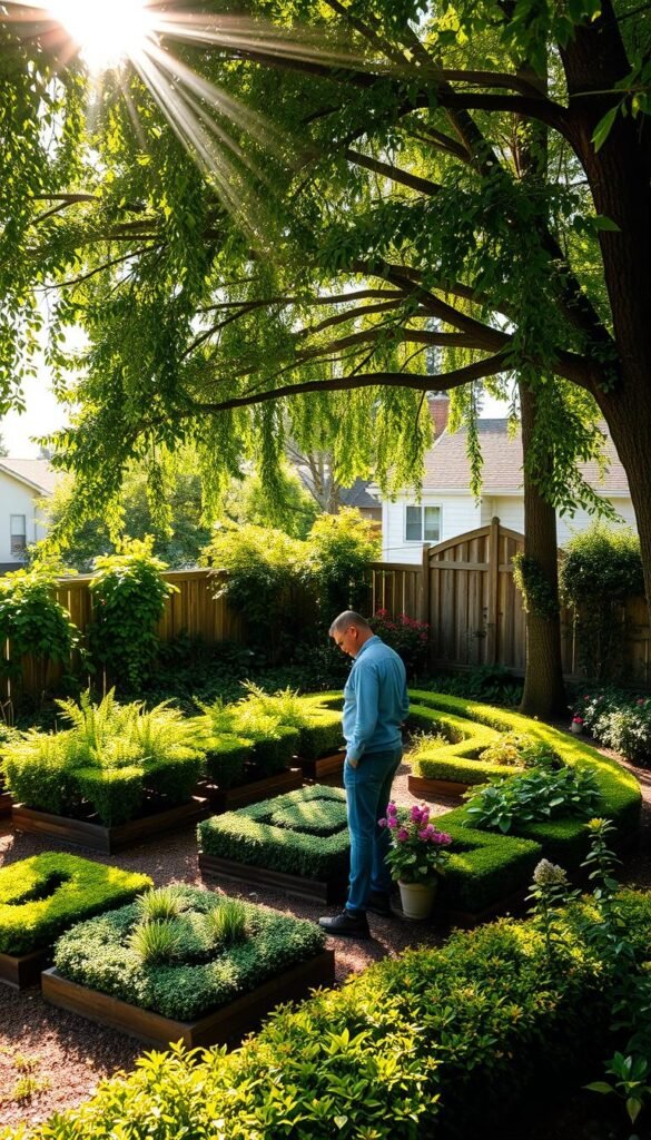 A lush, verdant triangular garden nestled in a cozy backyard setting. Sunlight dapples through the canopy of towering trees, casting a warm, natural glow over the meticulously laid-out garden beds. In the foreground, a gardener carefully examines the layout, visualizing the potential for vibrant blooms and thriving flora. The middle ground showcases a variety of plant life, from neatly trimmed hedges to cascading vines, hinting at the design possibilities. In the background, a charming wooden fence and a glimpse of a quaint neighborhood provide a sense of place and scale. The overall atmosphere evokes a serene, contemplative mood, inviting the viewer to envision the transformative potential of this triangular garden space.