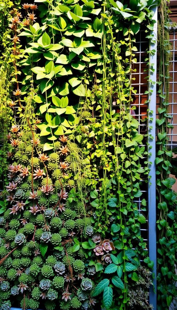 A lush vertical garden wall, bursting with a vibrant array of cascading foliage and trailing vines. The foreground showcases a variety of textured succulents, their compact shapes and earthy tones creating a harmonious tapestry. In the middle ground, larger leafy plants stretch upwards, their verdant hues complemented by the warm, natural lighting filtering through. The background reveals a sleek, modern trellis system, its minimalist design providing a clean, architectural backdrop to the thriving greenery. The overall scene exudes a sense of serene, urban tranquility, inviting the viewer to imagine the restorative power of maximizing vertical garden elements within a compact space. A lush vertical garden wall, bursting with a vibrant array of cascading foliage and trailing vines. The foreground showcases a variety of textured succulents, their compact shapes and earthy tones creating a harmonious tapestry. In the middle ground, larger leafy plants stretch upwards, their verdant hues complemented by the warm, natural lighting filtering through. The background reveals a sleek, modern trellis system, its minimalist design providing a clean, architectural backdrop to the thriving greenery. The overall scene exudes a sense of serene, urban tranquility, inviting the viewer to imagine the restorative power of maximizing vertical garden elements within a compact space.
