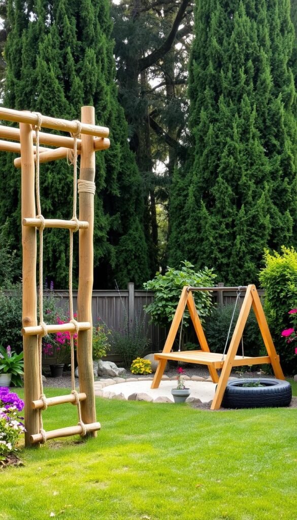 A lush, vibrant backyard scene with a variety of homemade play equipment artfully integrated into the landscape. In the foreground, a DIY climbing structure fashioned from sturdy wooden beams and knotted ropes invites adventurous children to scale its heights. Nearby, a swing set made from recycled tires and a wooden frame swings gently in the breeze. In the middle ground, a sandbox surrounded by cheerful flowers and herbs offers a cozy space for imaginative play. Tall, verdant trees and shrubs form a serene natural backdrop, casting soft, diffused lighting over the entire scene. An atmosphere of creativity, exploration, and family-friendly charm pervades the image.