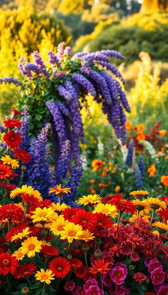 A lush, vibrant color wheel garden design unfolds before us, a harmonious symphony of hues. In the foreground, a captivating arrangement of flowers in primary and secondary colors - bold reds, vibrant yellows, and deep blues - form a striking central focal point. The middle ground features a cascading array of complementary shades, with purples, oranges, and greens intertwining to create a mesmerizing visual tapestry. In the background, a softly blurred landscape of verdant foliage sets the stage, bathed in the warm glow of golden hour lighting. The overall composition exudes a sense of balance, energy, and artistic expression, inviting the viewer to explore the fundamental principles of color theory at work in this enchanting garden design. A lush, vibrant color wheel garden design unfolds before us, a harmonious symphony of hues. In the foreground, a captivating arrangement of flowers in primary and secondary colors - bold reds, vibrant yellows, and deep blues - form a striking central focal point. The middle ground features a cascading array of complementary shades, with purples, oranges, and greens intertwining to create a mesmerizing visual tapestry. In the background, a softly blurred landscape of verdant foliage sets the stage, bathed in the warm glow of golden hour lighting. The overall composition exudes a sense of balance, energy, and artistic expression, inviting the viewer to explore the fundamental principles of color theory at work in this enchanting garden design.