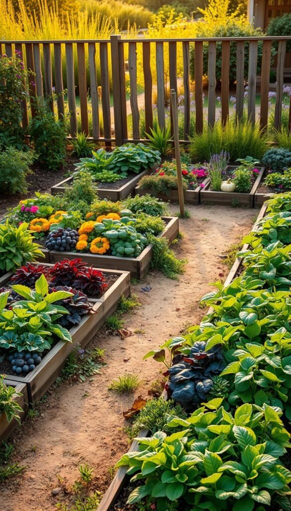 A lush, vibrant edible garden layout, featuring a well-organized design with neatly arranged raised garden beds, filled with a variety of thriving vegetables, herbs, and edible flowers. The foreground showcases a cohesive layout, with clean paths winding through the beds, inviting exploration. In the middle ground, a mix of leafy greens, colorful produce, and fragrant herbs create a visually appealing and functional tapestry. The background is framed by a wooden fence, with a glimpse of a serene garden beyond, bathed in warm, golden afternoon light. The overall composition exudes a sense of order, productivity, and harmony, inspiring the viewer to create their own productive and beautiful edible oasis. A lush, vibrant edible garden layout, featuring a well-organized design with neatly arranged raised garden beds, filled with a variety of thriving vegetables, herbs, and edible flowers. The foreground showcases a cohesive layout, with clean paths winding through the beds, inviting exploration. In the middle ground, a mix of leafy greens, colorful produce, and fragrant herbs create a visually appealing and functional tapestry. The background is framed by a wooden fence, with a glimpse of a serene garden beyond, bathed in warm, golden afternoon light. The overall composition exudes a sense of order, productivity, and harmony, inspiring the viewer to create their own productive and beautiful edible oasis.