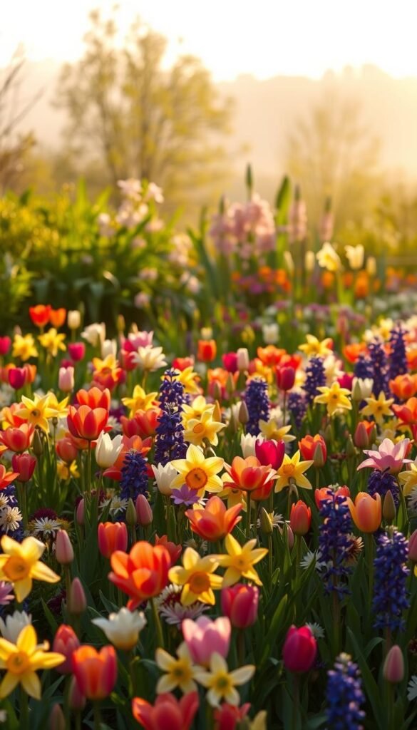 A lush, vibrant flower bed filled with a diverse array of seasonal bulb blooms. In the foreground, a mix of colorful tulips, daffodils, and hyacinths sway gently in a soft, warm breeze. The middle ground features clusters of alliums and lilies, their tall, stately stems reaching skyward. In the background, a backdrop of verdant foliage and a hazy, sun-dappled sky creates a serene, idyllic atmosphere. Warm, golden lighting bathes the scene, accentuating the rich, saturated hues of the flowers. The overall composition conveys a sense of abundance, beauty, and the cyclical nature of the seasons.